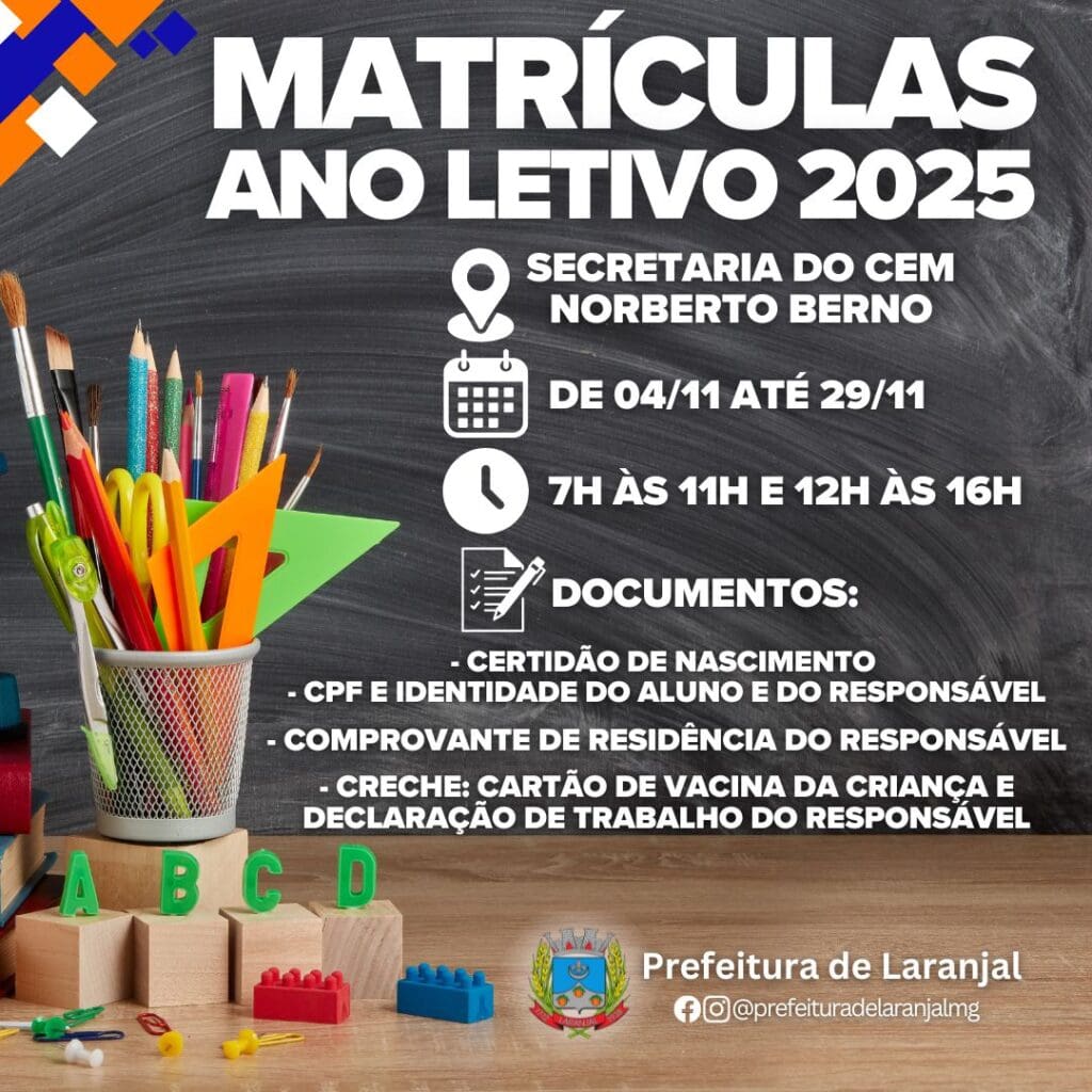 Matrículas para o Ano Letivo 2025 estão abertas em Laranjal: confira as datas e documentos necessários
