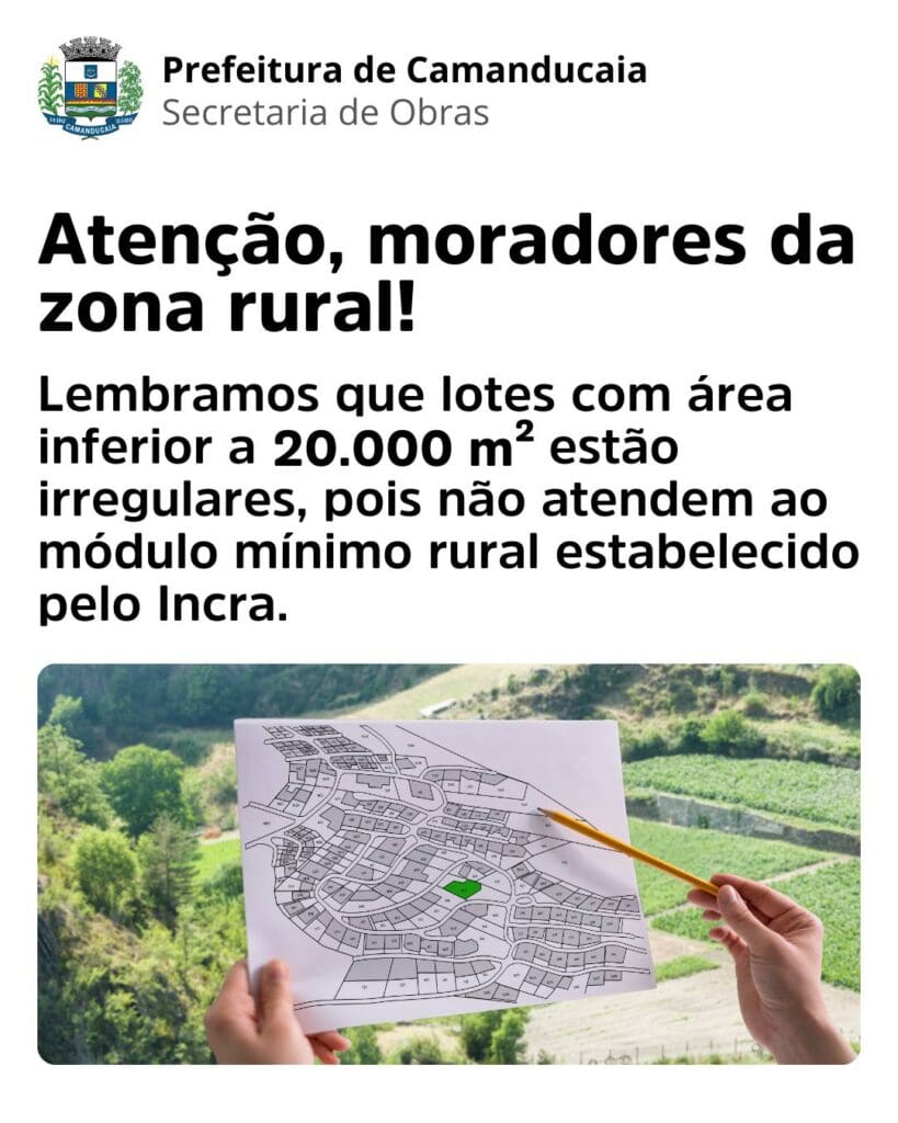 Camanducaia alerta para regularização de lotes rurais abaixo do tamanho mínimo permitido