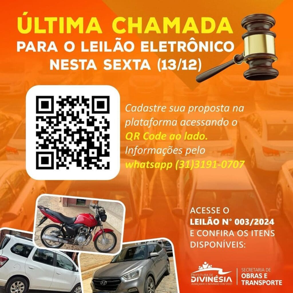 Última chamada para o Leilão Eletrônico Municipal em Divinésia