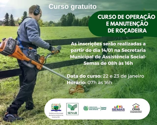 Santo Antônio do Grama: inscrições abertas para curso gratuito sobre operação e manutenção de roçadeiras