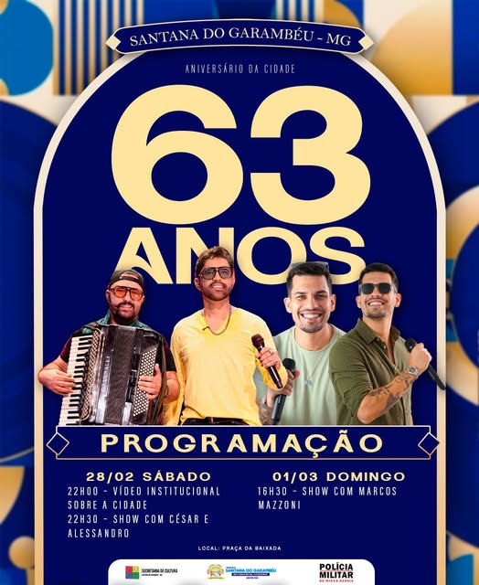 Santana do Garambéu celebra 63 anos com shows e programação especial