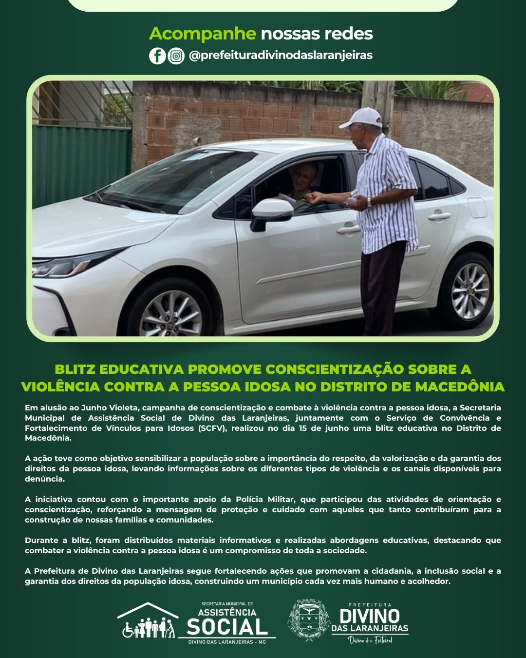 Divino das Laranjeiras realiza blitz educativa sobre violência contra a pessoa idosa em Macedônia
