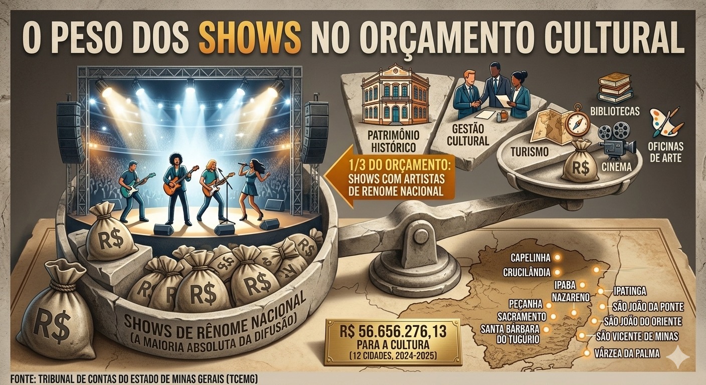Empenhos com shows de artistas nacionais chegam a 33% do orçamento da cultura em municípios mineiros, aponta levantamento do TCEMG